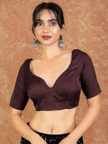 Image of FIGURE'S DESIGNER Women's Dupion Raw Silk Half Elbow Sleeves Sweetheart V Neck Sabyasachi Cut Readymade Saree Blouse S10