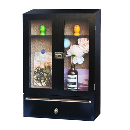 JUTSTJUKO 11x16 Shadow Box Frame Display Case with 3 Shelf,2 Doors and 1 Drawer Display Case Box for Memorabilia,Baby Items,Wedding Memories,Crafts,Tickets and Photos (Black)