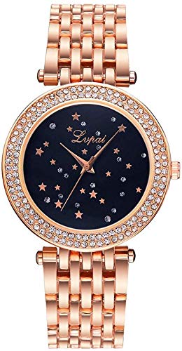 Damenuhr Quarz-Armbanduhr Sternen-Uhr mit rundem Zifferblatt eingefasst Strass mit Schnalle Armband für Elegante Frauen, Blau