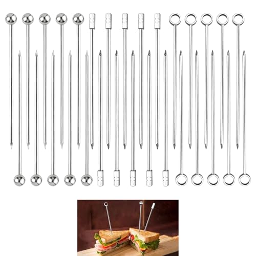 30 Piezas Palillos de Cóctel de Acero Inoxidable, Brochetas de Bebidas de Metal, Pinchos Reutilizables para Frutas, Palillos de Martini para Cócteles, Fiestas, BBQs y Eventos, 11 CM