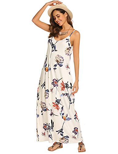 Image of Supnier Women's Summer Maxi Dress Casual V-Neck Sleeveless Bohemian Spaghetti Strap Floral Long Maxi Dress with Pockets