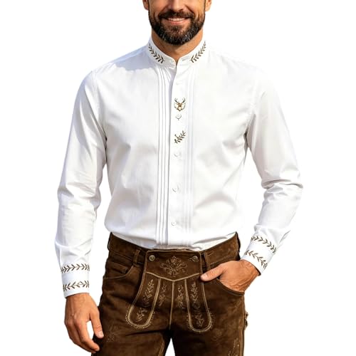 Trachtenhemd Herren Weiß Slim Fit Langarm Trachtenhemden Oktoberfest Tracht Hemd mit Stehkragen Baumwolle Freizeithemd Trachten Hemden Elegant Langarmhemd Männer
