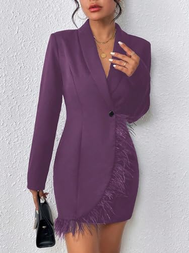 WDIRARA Women's Fuzzy Trim Wrap Button Front Long Sleeve Shawl Collar Blazer Dress3