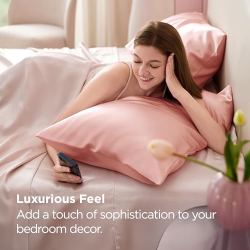 Image of Bedsure King Size Satin Pillowcase Set of 2 - Peach Pink Silky Pillow Cases for Hair and Skin with Envelope Closure, Similar to Silk Pillow Cases, Gifts for Women Men, 20x36 Inches, 2pcs