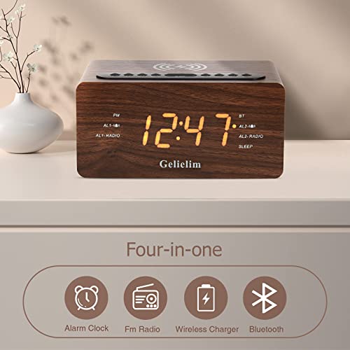 Gelielim Wooden Alarm Clock Fm Radio, Bluetooth Alarm Clock With 10W Fast Wireless Charging, Digital Fm Radio,Usb Charging Port, Dimmer, Timer/Snooze, Auto Time Setting, Alarm Clocks For Bedroom #TOP1