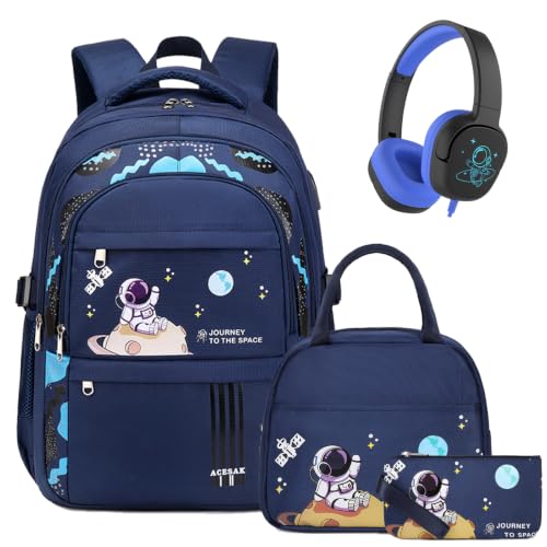 Image of ACESAK 4PCS Boys Backpack with Wired Headphones, Lunch Bag & Pencil Case