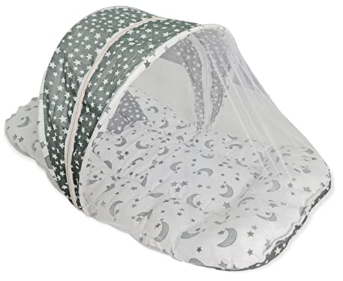 Image of BRANDONN Combo of Baby Bed with Net | Carry Bag | 4 Pcs Bedding Set(0-6 Months) (Stars & Moon Grey)