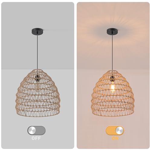 LMSOD 1-Light Bohemian Modern Woven Rattan Farmhouse Pendant Light Fixture Coastal Adjustable Dome Wicker Chandelier Dining Room Living Room Kitchen Island Foyer Bedroom Hallway - Image 4