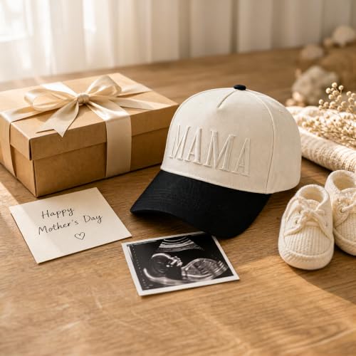 Image of Women's Mama Trucker Hat Trendy, Embroidered Adjustable Mom Baseball Cap, Two-Tone Ponytail Hat for Outfits