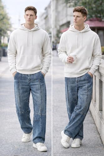 Image of Ben Martin Blue Men Jeans || Baggy Fit Denim Pants for Man || Loose Wide Leg Streetwear Jeans: || Panelled Designer Jins || Stretchable Cotton Casual Wear Pants Men:
