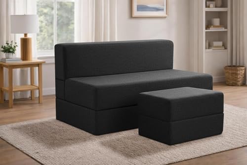 Image of Rosebell Foldable Sofa-Cum-Bed with Ottoman | 3-in-One Foldable Sofa, Lounger & Bed-4x6 Feet Two Seater- Perfect for Home & Office -Black-Color