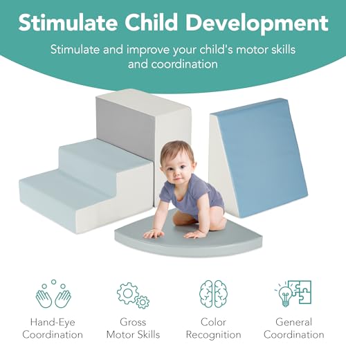 Image of Best Choice Products Soft Foam Climbing Blocks for Toddlers, 4-Piece Baby Play Set, Easy-Clean Vinyl Foam Shapes, Safe Certified Materials, Early Learning Motor Skill Development Toy - Blue