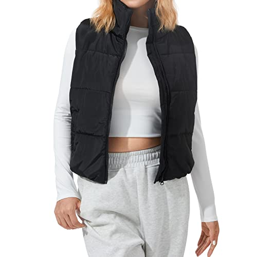 Women's Fall Winter Outerwear, Solid Color Puffer Down Zipper Long Sleeve Jacket Coat/Sleeveless Vest Waistcoat (Z Black Vest, L) #TOP3