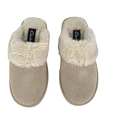 Clarks Womens Open Back Suede Leather Comfort Clog Slipper JMS0583C - Plush Faux Fur Trim - Indoor Outdoor House Slippers For Women4