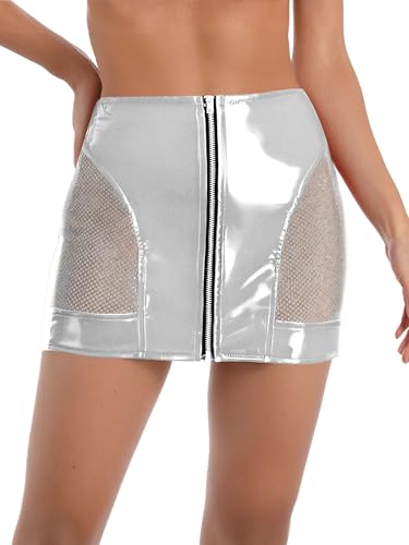 Women's Glossy PU Bodycon Miniskirt Front Zipper Wet Look Clubwear for Party Nightclub