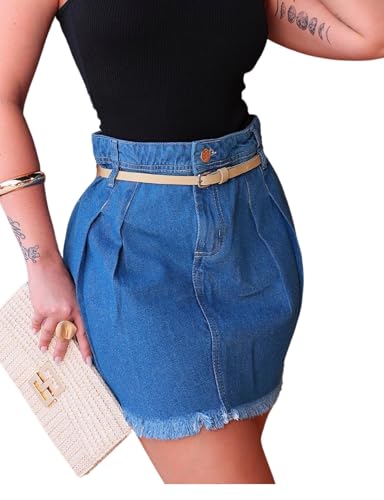 Saia Jeans Com Pregas na Frente e Cinto Cintura Alta (BR, Numérico, 40, Regular, Regular, Lavagem Mé