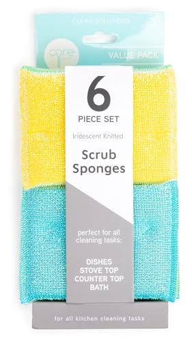 Image of Core Kitchen Iridescent Green Yellow Blue 3 x 5 Inch Knitted Nylon Long-Lasting Reusable All-Purpose Cleaning Scrub Sponges for Dishes, Stove Top, Counters, Bath, 6 Piece Set, 24491