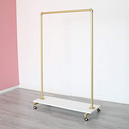 Gold Metal Clothing Rack with Wood Shelf, Heavy Duty Rolling Garment Rack with Wheels for Bedroom Retail Boutique Use (37.4L inches)
