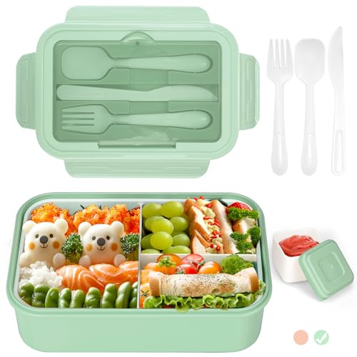 Cozary Fiambrera 1400ml, lunch box con 3 Compartimentos y Cuchara Tenedor Sin BPA Hermetica fugas, bento box para Microondas y Lavavajillas, loncheras para Adultos Niños Escuela Comida Trabajo