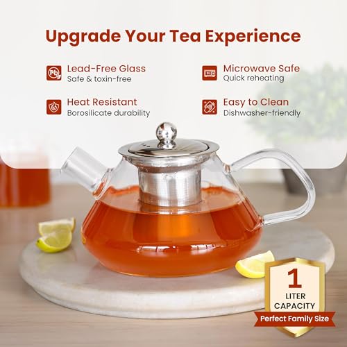 Image of Tea Pot - Glass Kettle for Gas Stove - Borosilicate Glass Teapot with Stainless Steel Infuser, Heat-Resistant, Drip-Free Spout, Ideal for Loose Leaf & Blooming Tea, 1000ml, Golden Brew