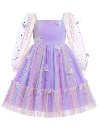 OBEEII Pageant Dress for Girls 3D Butterfly Birthday Party Mesh Long Sleeve Star Glitters Sequins Tulle Tutu Dress Formal Princess Toddler Flower Girls Wedding Prom Gown Purple-3D Butterfly 8-9 Years