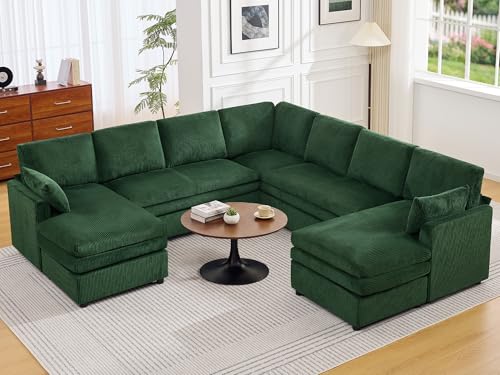 Image of 110 inch Sectional Couches with Double Chaises, Comfy Deep Dual-Layer Cushion Couch, 9 Seater Oversize Couch, Modern Modular Sofa, Corduroy Sofas for Living Room, Apartment, Green
