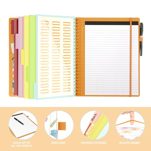 Clipboard with Storage for Men Women, Leather Padfolio Portfolio Organizer 5 Folders with 10 Pockets, Spiral Clipboard Folio with Notepad for Letter Size, Elastic Closure and Pen Loop Flowers