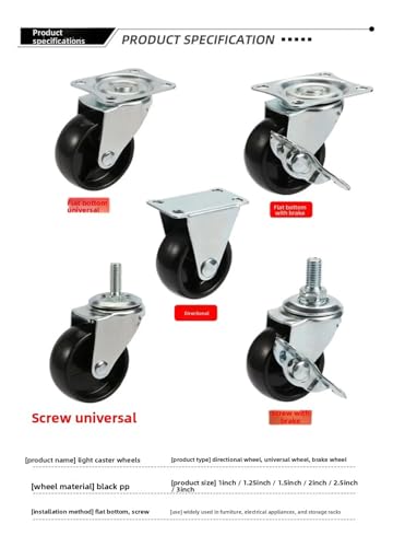 4 szt. 1"/1,25"/1,5/2" kółka meblowe z PVC odporne na zużycie, ciche, uniwersalne, ciężkie do wózka, obrotowe 360 ​​stopni hamulcem(1.5 inch D)