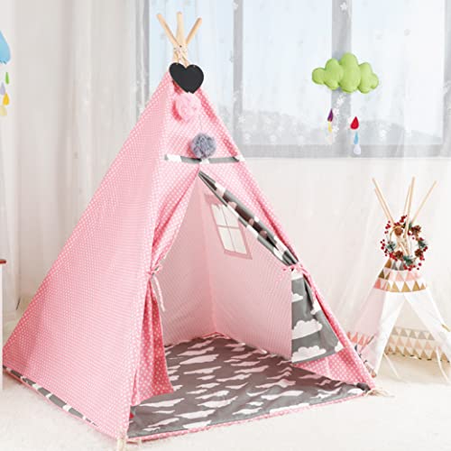 POLKA TOTS Kid’s Portable Teepee Tents with Cushion, Led Light and Non-Slip Padded Mat, Play Tent, Indoor & Outdoor Playhouse Tents for Children (Pink Cloud)
