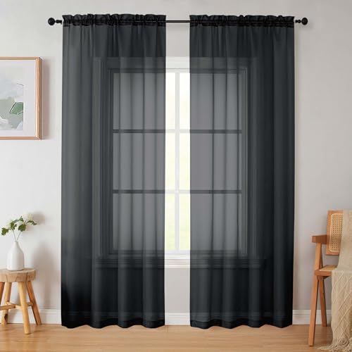 WelvetBLK Black Sheer Curtains 84 Inches Long 2 Panels Soft Airy Light Filtering Curtains for Bedroom Living Room Modern Rod Pocket Privacy Drapes Window Treatments Black Total Wide 84 Inch