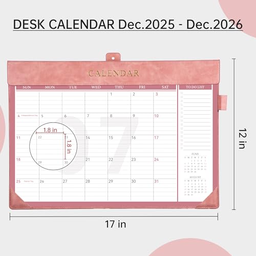 Image of Yoment Desk Calendar 2026 Leather Desk Calendar with To-Do Lists, 13 Months Desk Pad Wall Calendar with Pen Holders PVC Cover for Work Office School Home Women Men, Jan 2026-Dec 2026, 17 x 12, Pink