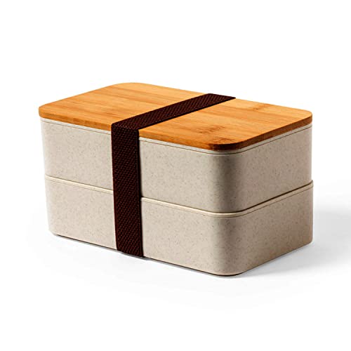 ECOPLACE Lunchbox mit Deckel aus Bambus, 2 Fächer für Arbeitsnahrung, japanische Lebensmittel, BPA-frei, Lunchbox, Behälter mit mehreren Besteck Cover
