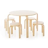 Guidecraft Nordic Table and Chairs Set for Kids: Natural - 4 Stacking Bentwood Stools with Curved Wood Activity Table - Children's Modern Kitchen, Playroom and Classroom Furniture