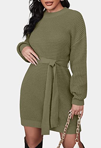 Zesica Women's 2023 Fall Long Sleeve Solid Color Waffle Knitted Tie Wasit Tunic Pullover Sweater Dress,Army Green,Medium #TOP1