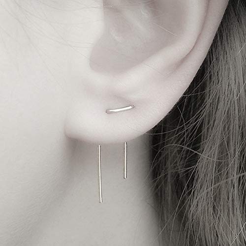Minimalist Double Piercing Earrings For Women Girls Men S925 Sterling Silver Bar Threader Dangle Drop Stud Safety Pin 2 Hole Lobe Bended Hook Fashion Personalized Hypoallergenic Lightweight Jewelry #TOP3