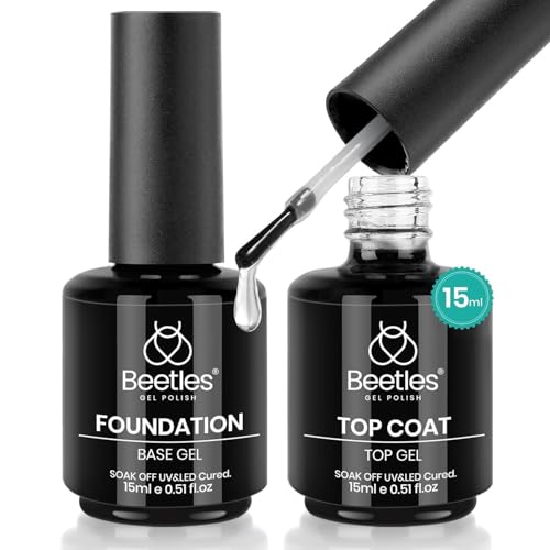 beetles Gel Polish 2Pcs 15ml No Wipe Gel Top and Base Coat Shine & Glossy Finish Long Lasting Soak Off UV Gel Nail Polish Set Manicure Care Gifts for Girls Women-001