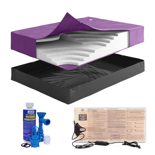 Blue Magic Queen Size 99% Waveless Hardside Waterbed Mattress Bundle with Eight Wave Reducing Fiber Layers, 325W Heater, Liner, Fill/Drain Kit & Conditioner - Frame Not Included