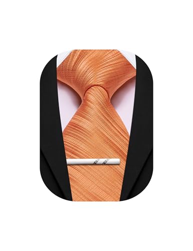Image of Barry.Wang Orange Silk Men Ties Formal Stripes Necktie and Tie Clip for Wedding Party Business Fashion Classic