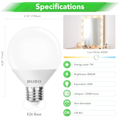 Image of BUBO Vanity Light Bulbs 60 Watt Equivalent, Globe Light Bulbs Cool White 4000K, Bathroom Light Bulbs, Round Light Bulbs, G25 LED Light Bulbs 800 Lumens, E26 Medium Base, 7W, Non-Dimmable, 12 Pack