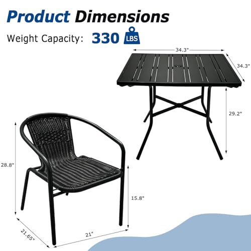 Image of 5 Piece Patio Dining Set with Black Outdoor Metal Table & 4 Hand-Woven PE Rattan Stackable Chairs for Backyard Garden Poolside, Black Chairs