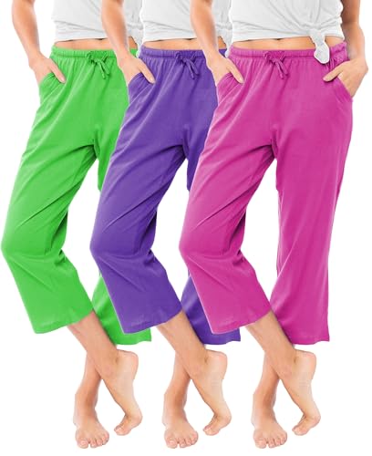 Image of Sexy Basics Women's 100% Cotton Lounge Pants | Capri Style Pajama Sleep Bottoms | Drawstring & Pockets |Multi-Packs & Colors
