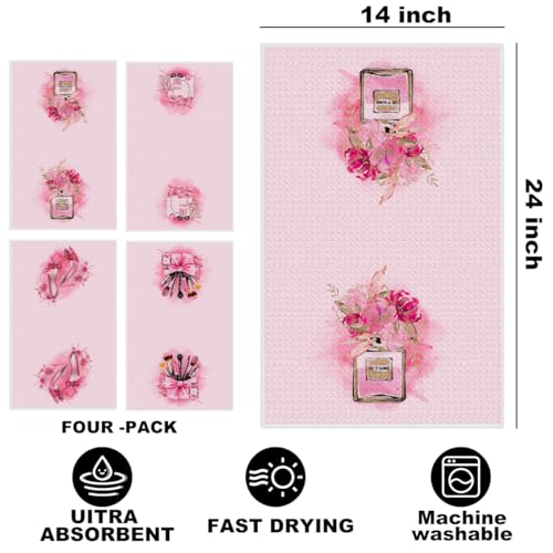 Image of 4Pcs Pink Kitchen Towels 24x14 Inch, Perfume High Heels Decor Microfiber Reusable Tea Towels for Kitchen Bathroom Farmhouse, Durable Waffle Weave Dish Drying Towel, Pink Gifts for Women Mom Friend