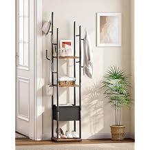CHOEZON Coat Rack Freestanding, Coat Rack with 3 Shelves, 8 Hooks and 1 Fabric Pouch, Square Coat Hanger Stand, Metal Clothes Tree for Living Room, Bedroom, Entryway, Rustic Brown and Black TYM03BF