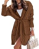 KIRUNDO Women's 2024 Fall Open Front Knitted Cardigan Cable Knit Long Sleeve Brown Long Cardigan Sweater Outwear Winter Clothes Teacher Outfits for Women(Brown, Medium)