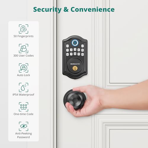 Image of AkaGear DS10 Keyless Entry Door Lock, Fingerprint, Exterior Door Knob Handle, 2 Keys, Electronic Keypad, One-time Code, Smart Locks for Front Door, Bedroom, Auto-Lock, Easy Installation - Matte Black