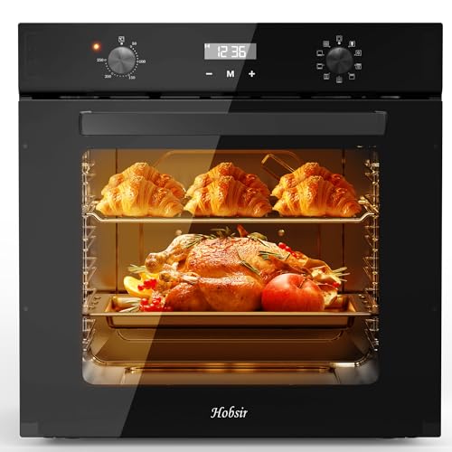 Hobsir Horno empotrable 60 L, horno de gran capacidad de 60 cm con 9 funciones, convección a 250°C, temporizador de 120 minutos, 220V~240V, 2500 W, con enchufe