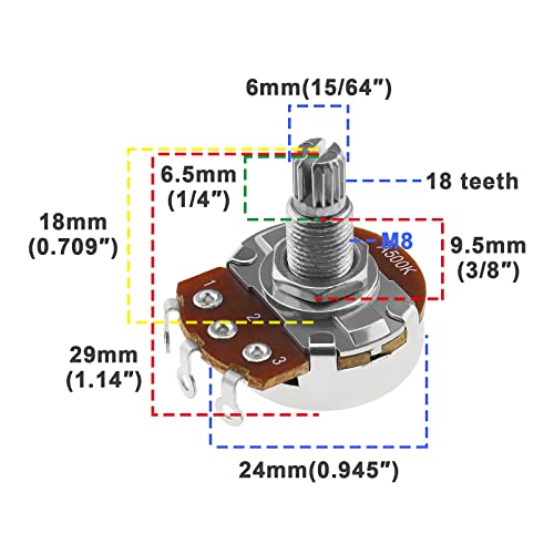 YINETTECH 2PCS Metric Mini 18mm Split Shaft Pots A500K Guitar Potentiometers Audio Taper Pots for Electric Guitar Bass Control Tone Volume Parts - Image 3