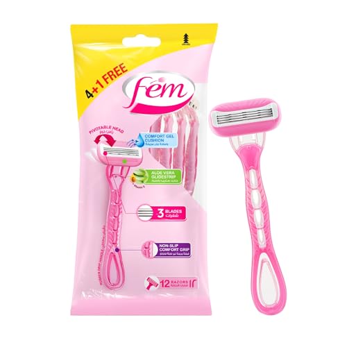 FEM Triple Blade Disposable Razors (4+1 Razors) | Anti-Cut Design | Pivotable Head for Precision Shaving | Enriched with Aloe Vera | Triple Blade Design for Smooth Skin | Non-Slip Comfort Grip