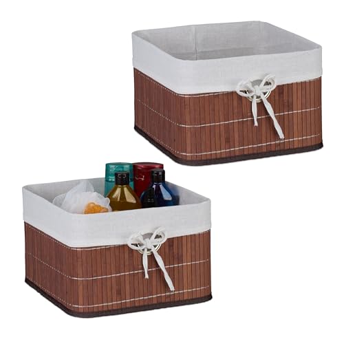 Relaxdays Aufbewahrungskorb 2er Set, Bambus, Stoffeinsatz, HBT: 20x31x31 cm, Körbchen Griffloch, Regalkorb, braun/weiß