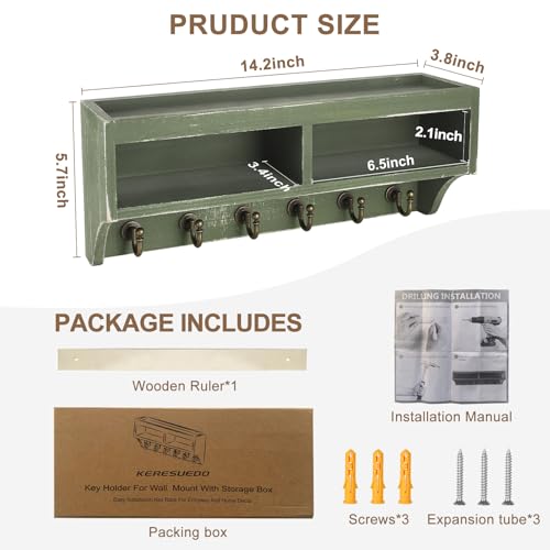 Image of Key Holder Wall Mount - Mail Organizer Wall Mount with 6 Key Hooks and Storage Box for Sunglasses Storage and Dog Leash Holder Home Decor Rack Apartment Farmhouse Shelf Entryway Organizer (Green)